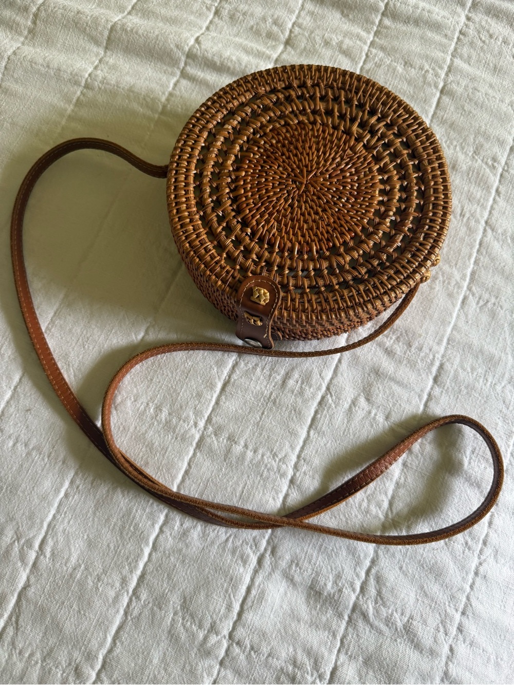Woven Round Crossbody Bag in Tan - Picture 2 of 3